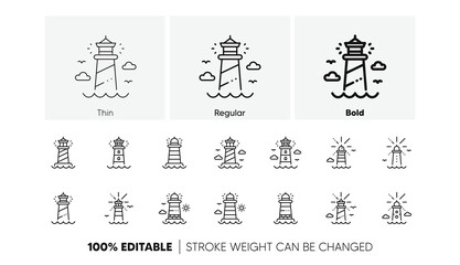 Searchlight tower with seagull for marine navigation of ships. Lighthouse line icons. Sea pharos, lighthouse or beacon icons. Linear set. Line icons set. Vector