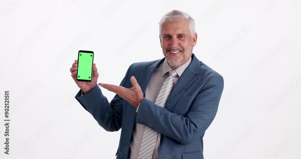 Poster business, phone and face of man with green screen for presentation, tips or web guide in studio. chr