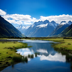 Fototapeta premium Epic Untouched Beauty: A Panoramic Landscape of a Tranquil Lake in a Mountainous Valley