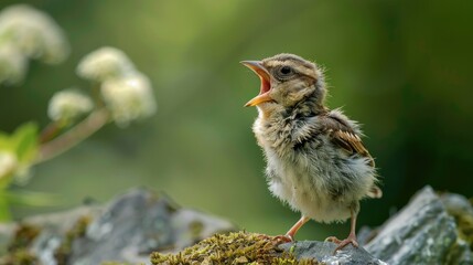Naklejka premium A young sparrow crying out for food
