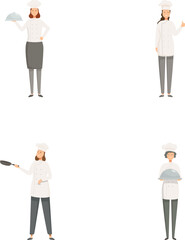 Collection of four vector illustrations featuring cartoon female chefs in different poses and with cooking utensils