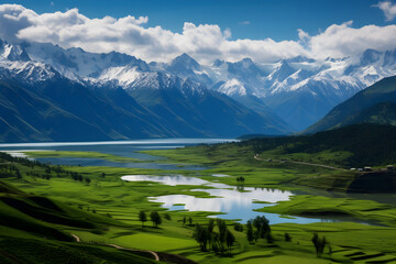 Epic Untouched Beauty: A Panoramic Landscape of a Tranquil Lake in a Mountainous Valley