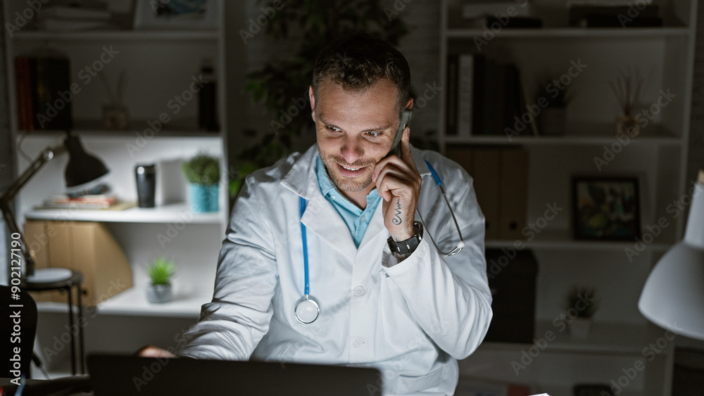 Sticker a happy hispanic male doctor in a white coat talks on the phone in a clinic office at night.