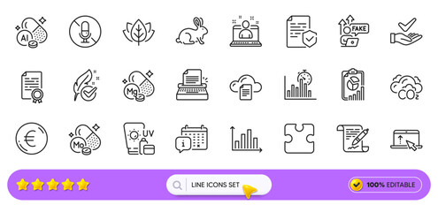 Fake internet, Euro money and Co2 line icons for web app. Pack of Puzzle, Hypoallergenic tested, Report timer pictogram icons. Certificate, Dermatologically tested, File storage signs. Vector