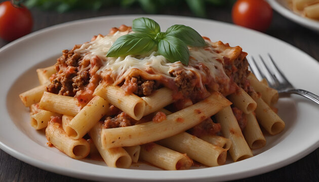 baked ziti pasta with sauce, ground beef, and cheese