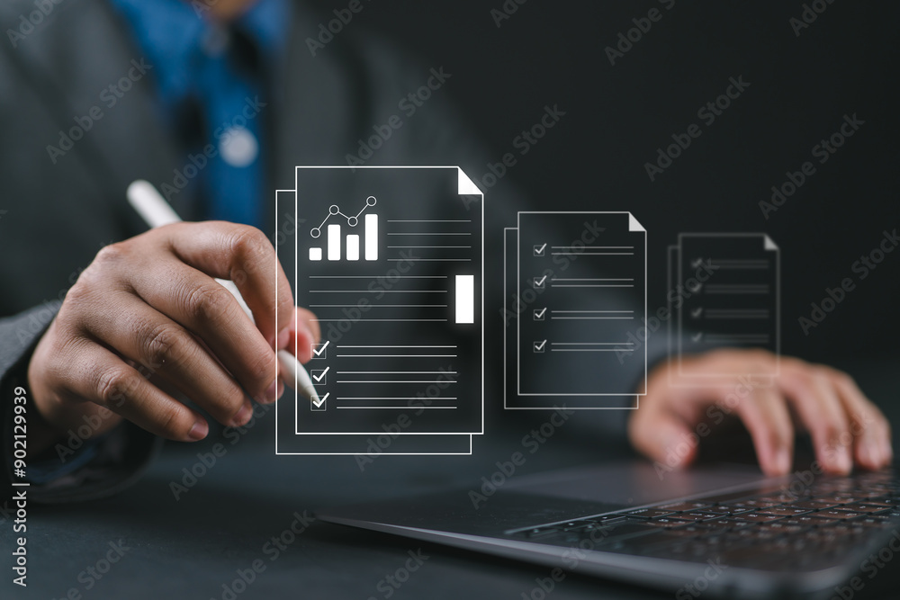 Poster businessman taking business questionnaire. questionnaire with checkboxes, filling survey form online