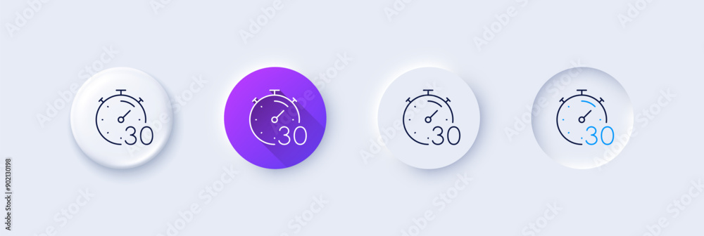 Poster timer 30 minutes line icon. neumorphic, purple gradient, 3d pin buttons. stopwatch time sign. countd