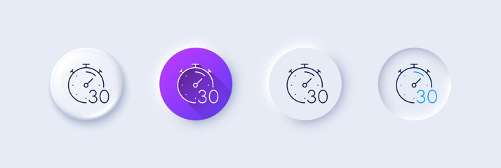 Timer 30 minutes line icon. Neumorphic, Purple gradient, 3d pin buttons. Stopwatch time sign. Countdown clock symbol. Line icons. Neumorphic buttons with outline signs. Vector