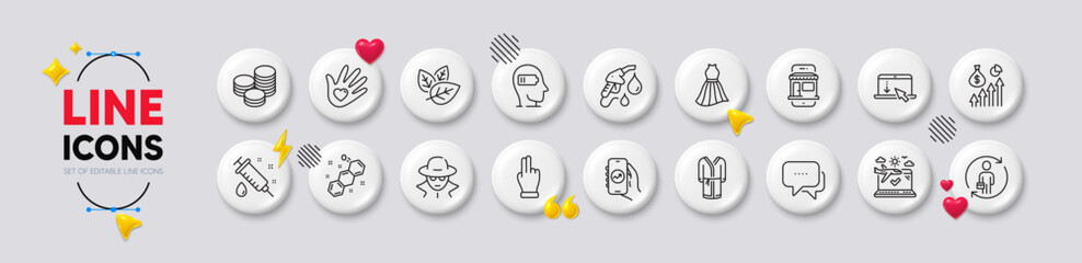 Bathrobe, Financial app and Scroll down line icons. White buttons 3d icons. Pack of Social responsibility, Replacement, Salary icon. Chemical formula, Marketplace, Fraud pictogram. Vector