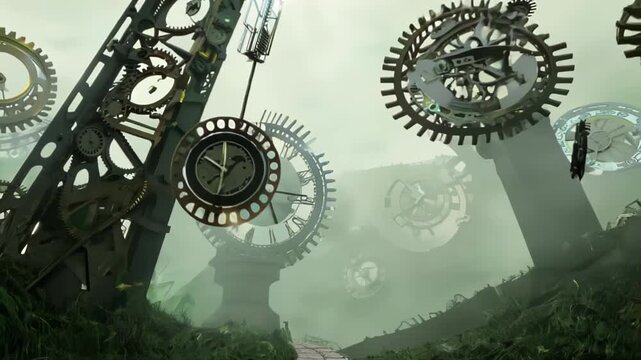 Crane shot: Colossal gears emerge from misty landscape. Camera ascends vertically, revealing mechanical forest. Tilts down, following winding path into clockwork wilderness.	