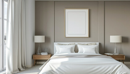 Stylish modern hotel room with neutral tones with empty frame