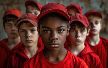 Fototapeta premium Boys from a multiracial sports team in red uniforms show solidarity during an outdoor practice, demonstrating focus and teamwork in their expressions