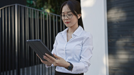 A young asian woman in glasses and a white shirt attentively examines a tablet on an urban city street.