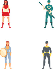 Vector illustration of four distinct superheroes in dynamic poses, showcasing diversity