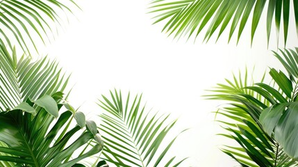 Green palm leaves close up on white background panoramic view