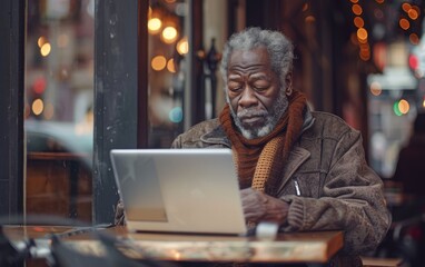 Obraz premium An older black man focuses on his laptop at a café, surrounded by a warm atmosphere and soft lighting during the evening