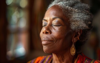 The woman practices mindfulness, eyes closed, radiating peace and relaxation in her comfortable surroundings