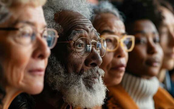A diverse group of older adults participates in a thoughtful discussion, showcasing shared experiences and perspectives during a community event