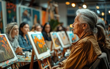 A diverse group of adult students attentively participates in a painting class, focusing on their colorful artwork in a creative studio environment