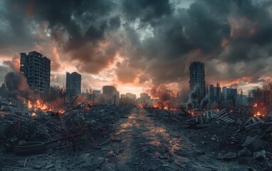 Fototapeta premium A devastated urban landscape shows smoldering buildings and debris against a darkening sky, highlighting the aftermath of conflict