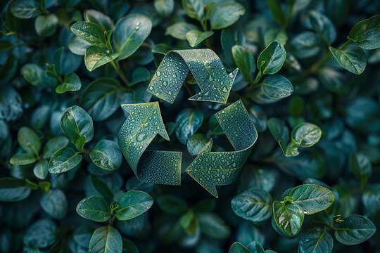 Concetto di riciclo materiali espresso da freccie di foglie verdi tra foglie e alberi