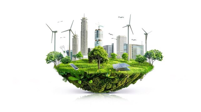 Concetto di salvare l'ambiente espresso tramite il globo terrestre tgliato a met&agrave;, dal quale fuoriescono alberi e vegetazione verde e il cemento della citt&agrave;. Sfondo trasparente