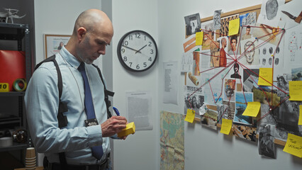 Bald man with beard examining evidence board in police station office, showcasing detective work.
