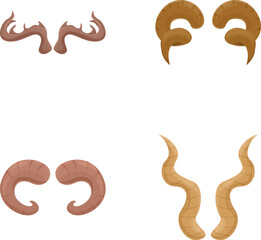 Collection of four different cartoon animal horns isolated on white