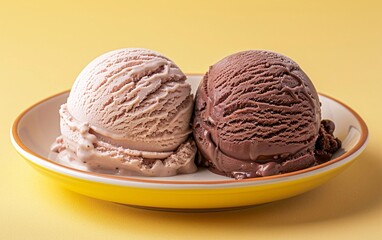 Palline di gelato al cioccolato e crema in una coppetta di ceramica gialla.