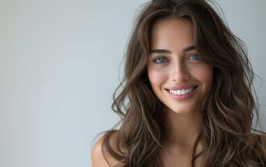 Naklejka premium A brunette model with captivating blue eyes smiles warmly, showcasing her natural beauty against a soft, neutral background