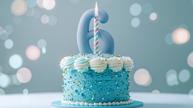 Torta di compleanno  con crema celeste, panna e una candelina accesa per festeggiare i 6 anni. Sullo sfondo bollicine bianche .
