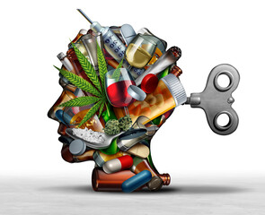 Drug addiction and brain function with the use of alcohol prescription drugs as a psychiatric or psychiatry concept of the effects on mental health with recreational or medication.