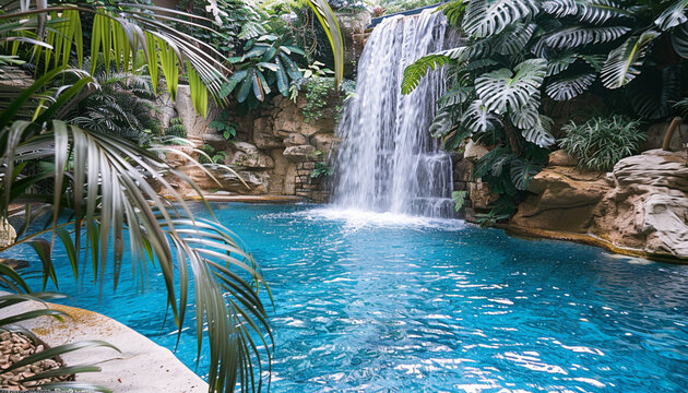 Tropical backyard waterfall and swimming pool
