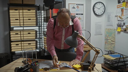 An elderly man examines documents at his desk with evidence and detective tools in a cluttered...