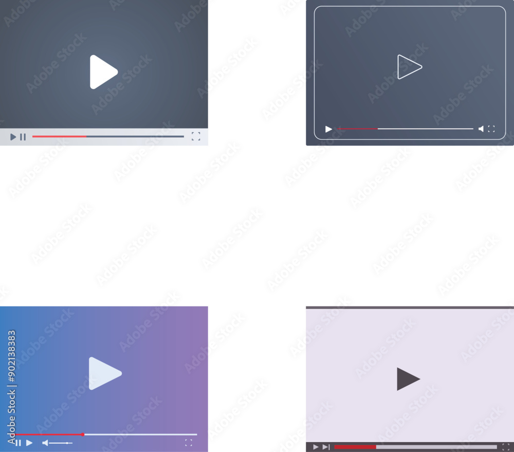 Poster collection of four different styled video player interfaces with play buttons and progress bars