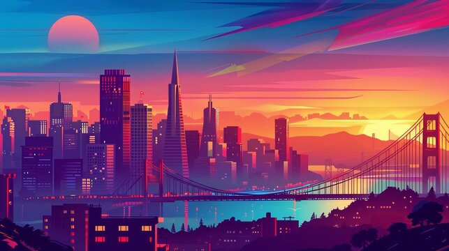 San Francisco skyline with Oakland Bay Bridge at sunset, California, USA