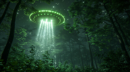 Flying saucer or a UFO with green bright lights hovering in the sky over a dark forest in the middle of the night, science fiction concept with space for text