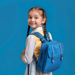 American child 5 years old with a blue backpack, in a full-length school uniform on a blue pastel rich background