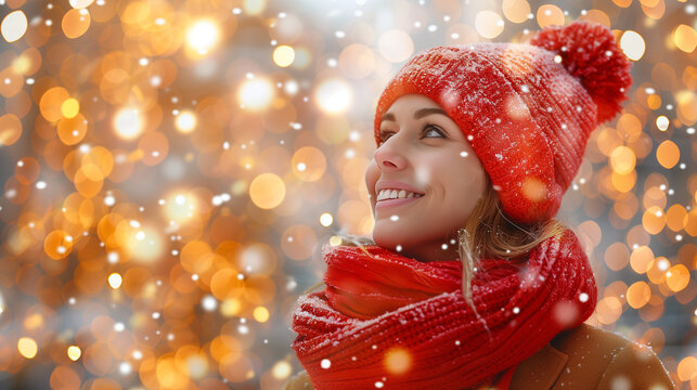 Young happy smiling woman wearing red scarf and winter hat and standing outside at the snow at Christmas time with space for text