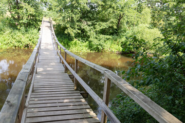 Fototapeta premium A person walks across the geierlay suspension bridge surrounded