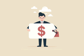 illustration of businessman carrying a beige shopping Label with a dollar symbol representing discounts and sales