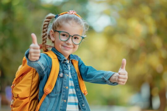 A beauty child with glasses and a backpack enthusiastically gives a thumbs up gesture, back to school concept