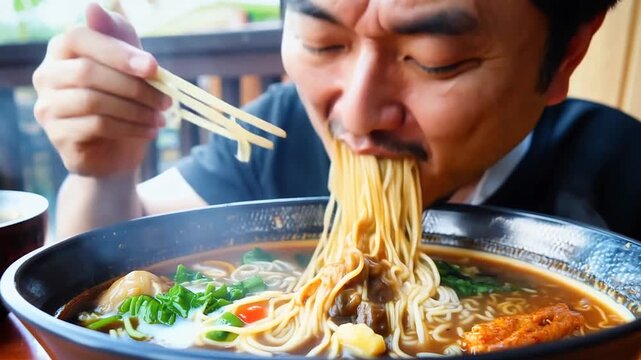 Asian man eating ramen noodles soup