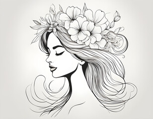 Abstract face with flowers by one line vector drawing. Portrait minimalistic style. 