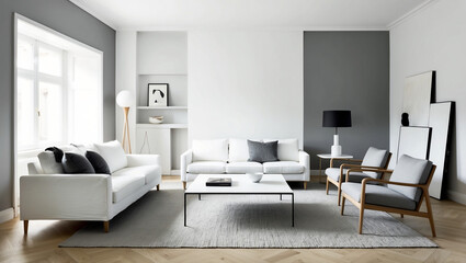 Scandinavian minimalist aesthetic living room with a color palette of white, gray and light wood. Simple but elegant design with a sleek sofa, minimalist coffee table and several pieces of art.