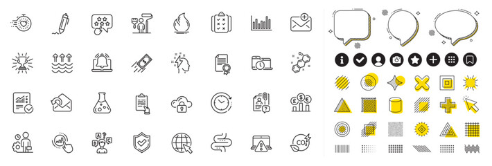 Set of New mail, Chemistry lab and Chemical formula line icons for web app. Design elements, Social media icons. Internet, Co2 gas, Timer icons. Intestine, Bar diagram, Signature signs. Vector