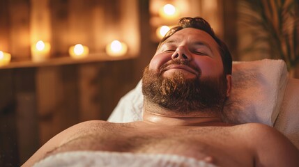 Fat man enjoying a spa day, getting a relaxing massage