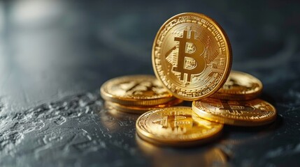 Bitcoin Cryptocurrency Coins Displayed on Dark Surface During Economic Investment Strategy Discussion. Generative AI