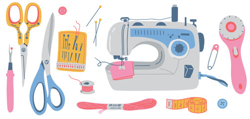 Set of sewing tools, sewing machine, scissors, pins, thread and rotary cutter, buttons, tape measure. Sewing accessories. Hand drawn flat illustration