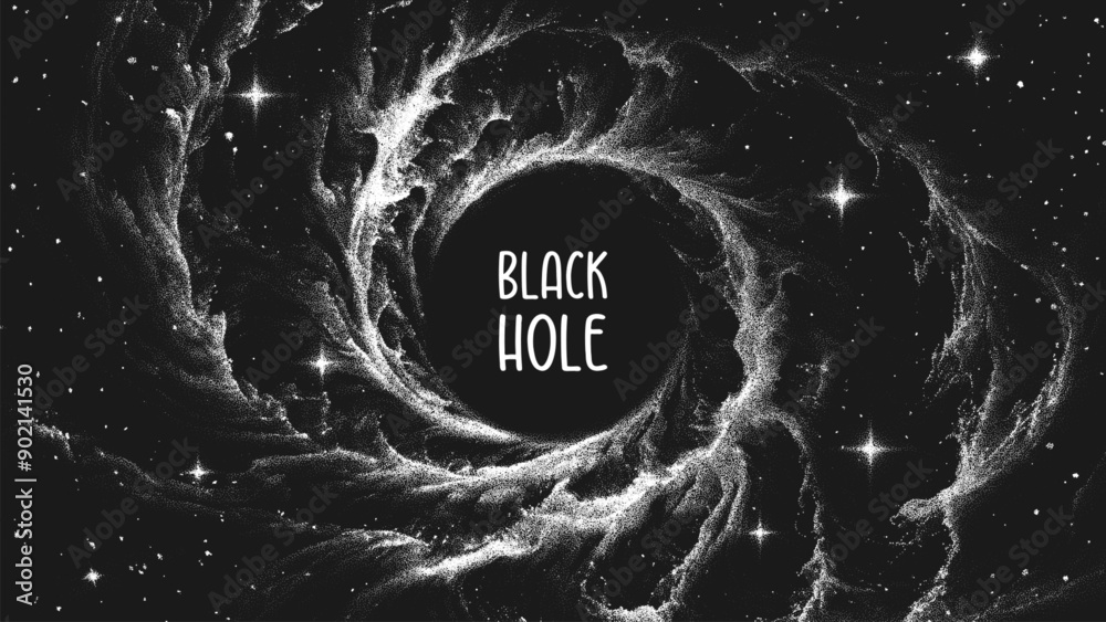 Poster Amazing huge nebula with massive black hole in deep space. Circle shape for banner or poster in stippling style. Retro styled dotwork. Pointillism. Noisy grainy shading using dots. Vector illustration